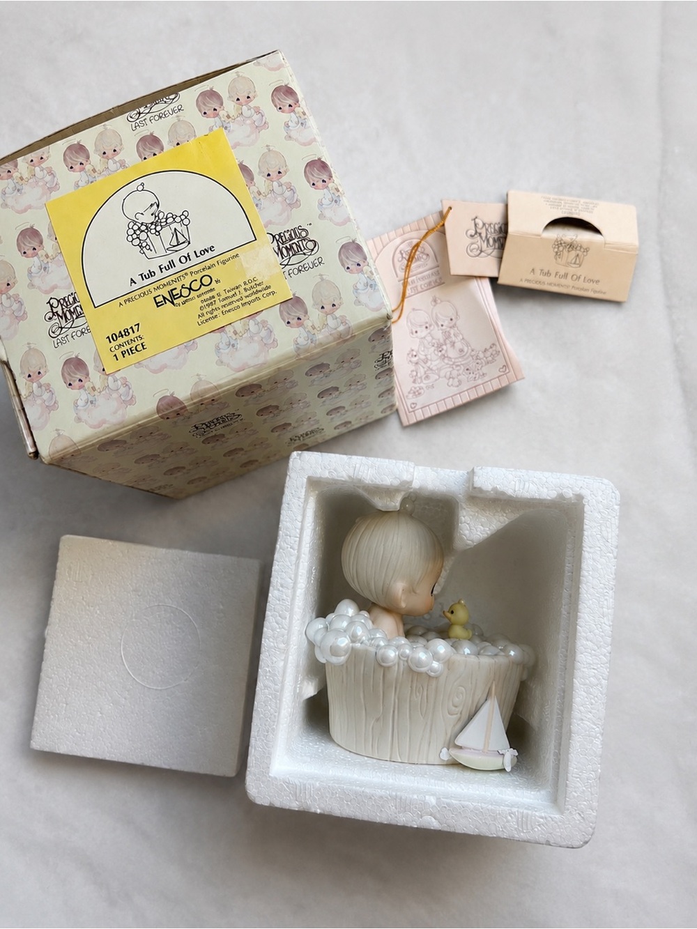 Precious Moments Cream Bath Figurine with Yellow Duck and Pink Sailboat